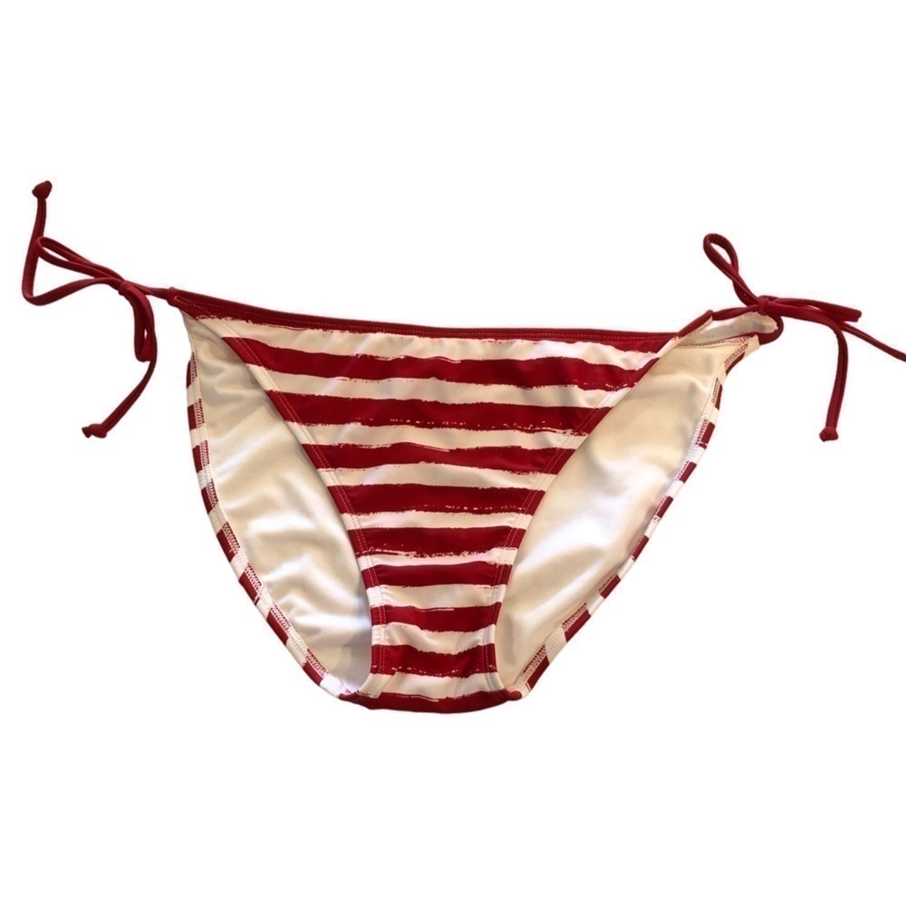 EXHILARATION Red & White Patriotic Striped Side Tie Bikini Swim Bottom - Size XL